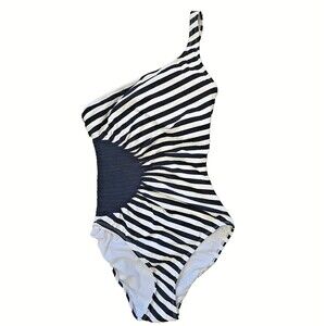 New Anne Cole One Shoulder Swimsuit Black & White Striped Size 10 Flattering